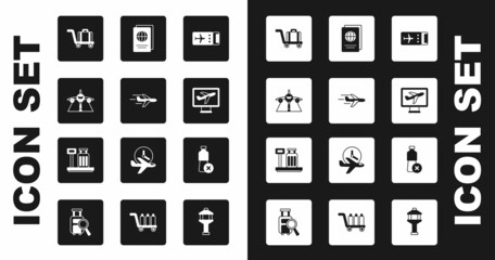 Set Airline ticket, Plane, Trolley baggage, Passport, No water bottle and Scale with suitcase icon. Vector