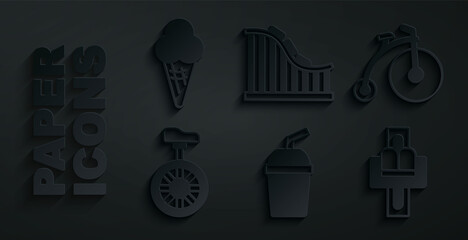 Set Paper glass with water, Vintage bicycle, Unicycle or one wheel, Attraction carousel, Roller coaster and Ice cream waffle cone icon. Vector © Kostiantyn