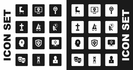 Set Broken heart or divorce, Metronome with pendulum, Graves funeral sorrow, Armchair, Head, Psychologist online, Psychology, Psi and Solution to the problem icon. Vector