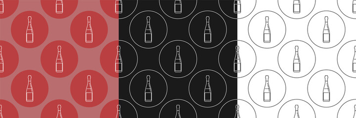 Three view seamless pattern of bottle of red wine in flat style in form of thin lines. In the form of background is circle of color drinks. Wallpaper pattern beverages. Template for restaurant party