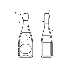 Bottle champagne red wine line art in flat style. Restaurant alcoholic illustration for celebration design. Design contour element. Beverage outline icon. Isolated on white background in graphic style