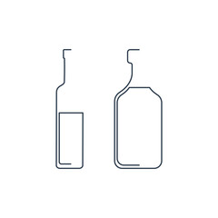 Bottle continuous line vodka and rum in linear style on white background. Solid black thin outline. Modern flat style graphic design. Logo element illustration. Contour drink symbol