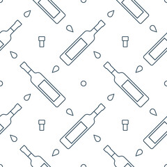 Vodka bottles seamless pattern with drops of drink and corks from flask. Line art style. Outline image. Repeat template. Party drinks concept. Illustration on white background. Flat design style.