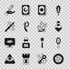 Set Pentagram in a circle, Magic hand mirror, Bottle with potion, Tarot cards, Wooden axe, wand, stone and icon. Vector