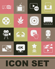 Set Movie clapper, Microphone, Cinema auditorium with screen, Hd movie, tape, frame, trophy, Film reel, Movie, film, media projector and Stereo speaker icon. Vector
