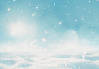Winter natural snow background with snowdrifts, beautiful light and snow flakes on blue sky, beauty bokeh circles, copy space.