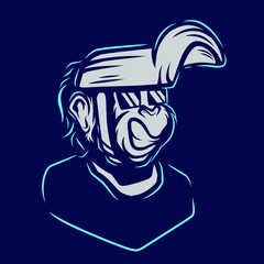 Funny funky monkey Line. Pop Art logo. Colorful welder ape welding design with dark background