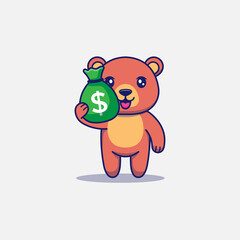 Cute bear carrying a bag of money