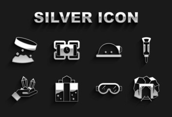 Set Mine entrance, Construction jackhammer, Safety goggle glasses, Gem stone, Miner helmet, Giant magnet holding iron dust and Dynamite icon. Vector