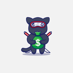Cute ninja cat carrying bag of money