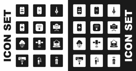 Set No audio jack, Wi-Fi wireless internet, Cloud technology data, Mobile with wi-fi, Smart Tv system, 5G, Network cloud connection and icon. Vector