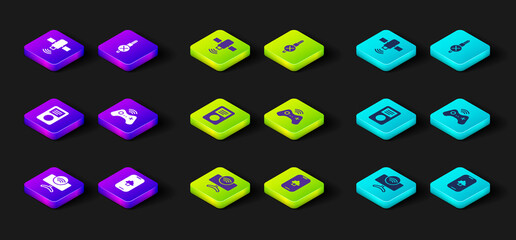 Set Smart Tv system, Cloud technology data, Music player, Wireless gamepad, No audio jack and Satellite icon. Vector