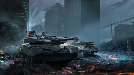 Fototapeta premium Tanks among the destroyed city. 3D Rendering