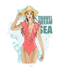 Portrait of young beautiful woman in hat and swimsuit. Fashionable girl holds her hat with her hand. Concept summer poster. Hand drawn sketch. Vector illustration of fashion.