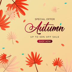 Autumn sale background layout decorate with leaves for shopping sale or promo poster and frame leaflet or web banner.Vector illustration template.