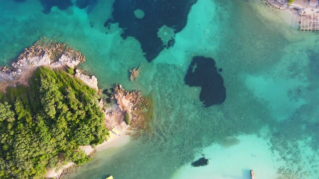 scenic Albanian beach with turquoise water, aerial view of Ksamil, seascape of Balkans coast, vacations travel concept