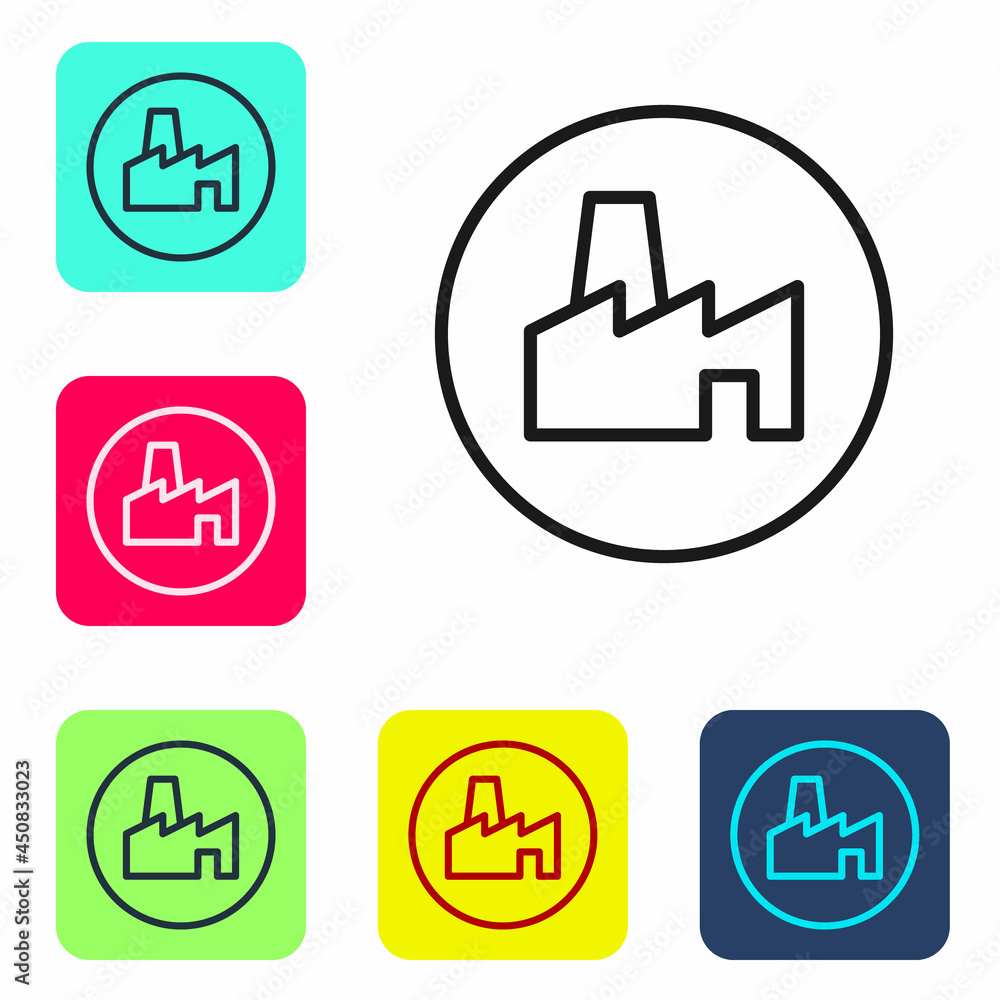 Poster black line factory production icon isolated on white background. industrial building. set icons in c