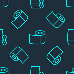 Green line Toilet paper roll icon isolated seamless pattern on blue background. Vector