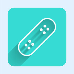 White line Skateboard icon isolated with long shadow background. Extreme sport. Sport equipment. Green square button. Vector