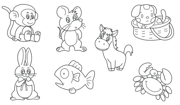 Cute design animal outline vector set 26 (monkey , rabbit , rat , fish , donkey , crab , dog)