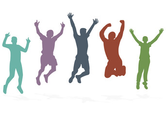 Silhouette of a crowd of people. A group of people. Jump and hands up. Flat style. Vector image isolated. Great design for any purpose. Vector graphics. Design element.