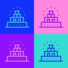 Pop art line Chichen Itza in Mayan icon isolated on color background. Ancient Mayan pyramid. Famous monument of Mexico. Vector