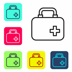 Black line First aid kit icon isolated on white background. Medical box with cross. Medical equipment for emergency. Healthcare concept. Set icons in color square buttons. Vector