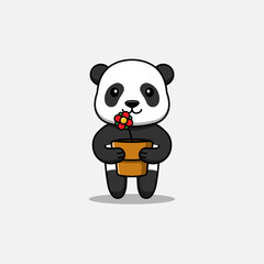 Cute panda carrying a pot of flower