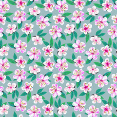 Seamless pattern with branches of blooming cherry Digital watercolor