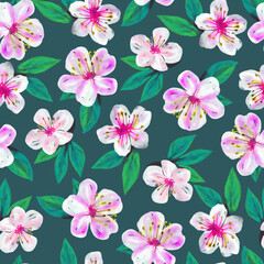 Seamless pattern with branches of blooming cherry Digital watercolor