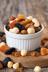 Mixed Nuts in Plate. Nuts on wood floor. Organic and fresh nuts. close up