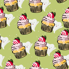 Seamless pattern with cupcakes with strawberries and cream