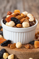 Mixed Nuts in Plate. Nuts on wood floor. Organic and fresh nuts. close up