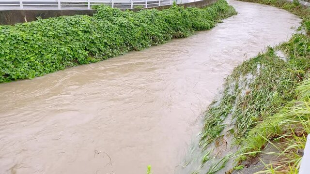 大雨で増水した川の流れ 濁流 日本