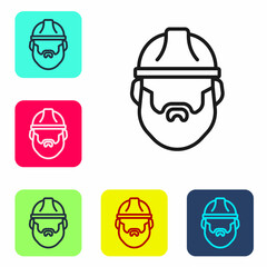 Black line Bearded lumberjack man icon isolated on white background. Set icons in color square buttons. Vector