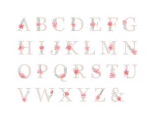 Letters set, watercolor floral alphabet with flowers peach roses and leaf. Monogram initials perfectly for wedding invitation, greeting card, logo, poster