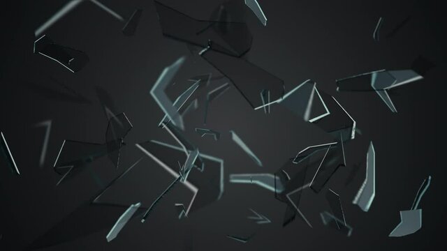 Background animation with shattered shards of broken glass flying across the frame. This dark motion background is 4K and a seamless loop.