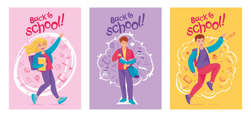 Fototapeta na wymiar Set of back to school creative posters. Happy schoolgirl and schoolboy go to the school. Clever boy read a book. School icons, lettering. Vector illustration, cartoon character, banner, 