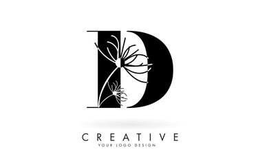 D letter logo design with elegant and abstract flowers vector illustration.