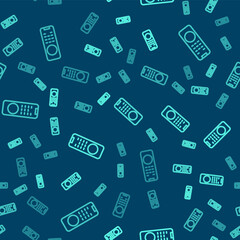 Green line Remote control icon isolated seamless pattern on blue background. Vector