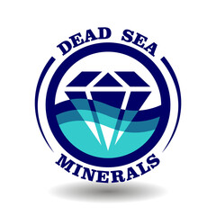 Creative round logo Dead Sea Minerals with crystal diamond cartoon icon in blue ocean wave circle symbol, package label sign for product contain clear marine water mineral salt