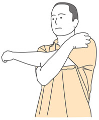 シャツを着た禿げた男性が、ストレッチをするイラスト