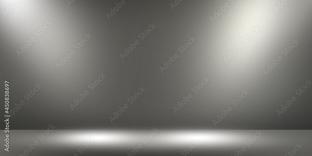 Poster black and white gradient glowing spots in empty room backdrop. modern abstract free space background