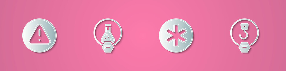 Obraz premium Set paper cut Exclamation mark in triangle, Test tube and flask, Medical symbol of the Emergency and Industrial hook icon. Paper art style. Vector
