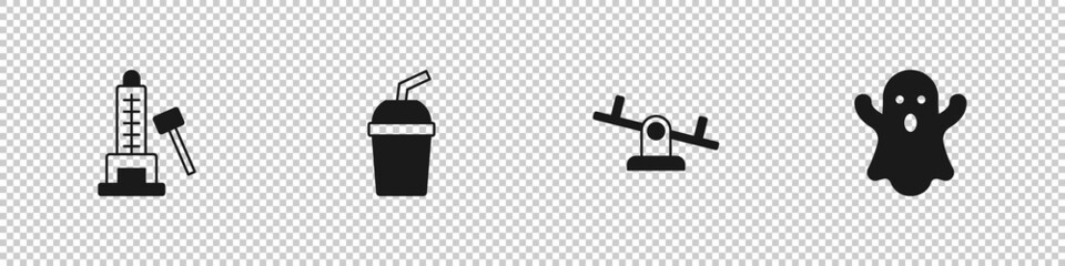 Set Striker attraction with hammer, Paper glass water, Seesaw and Ghost icon. Vector