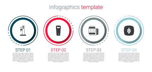 Set Beer tap, Bottle opener, Wooden barrel and Hop. Business infographic template. Vector