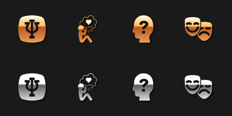 Set Psychology, Psi, Head with heart, question mark and Comedy and tragedy masks icon. Vector