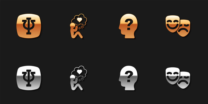 Set Psychology, Psi, Head with heart, question mark and Comedy and tragedy masks icon. Vector