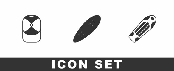 Set Baseball cap, Longboard or skateboard and Skateboard deck icon. Vector