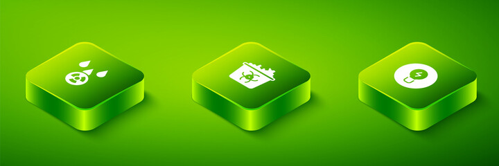 Set Isometric Infectious waste, Light bulb with concept of idea and Acid rain and radioactive cloud icon. Vector